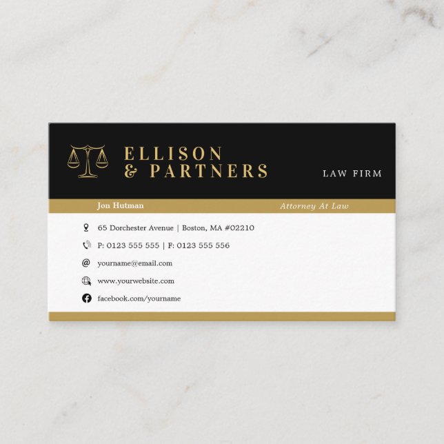 Tarjeta De Visita Abogado | Oro profesional elegante (Anverso)