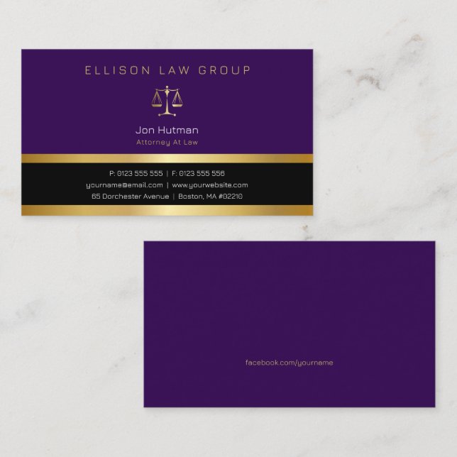 Tarjeta De Visita Abogado | Púrpura de oro profesional (Anverso / Reverso)