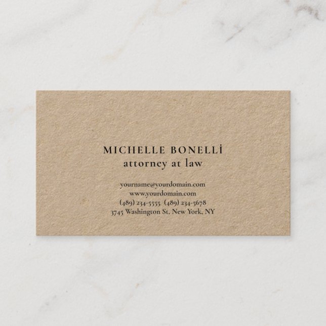 Tarjeta De Visita Abogado único de Kraft premium por ley simple (Anverso)