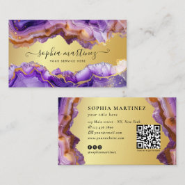 Tarjeta De Visita Abstract Purple Agate gold glitter marble QR Code