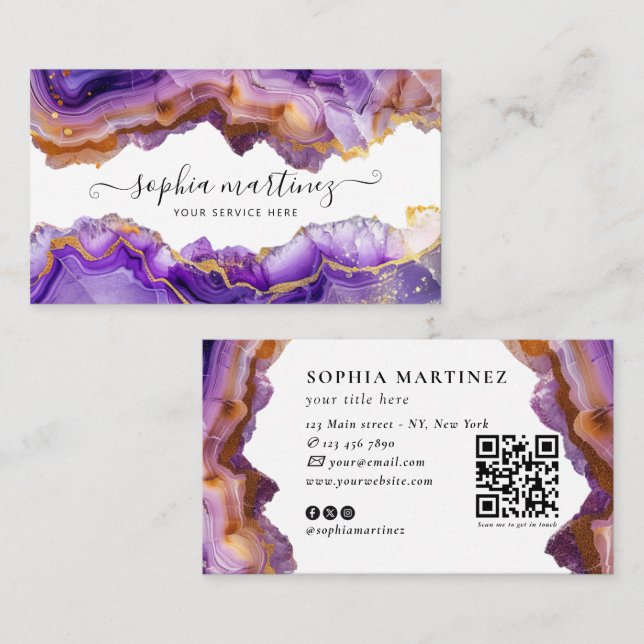 Tarjeta De Visita Abstract Purple Agate gold glitter marble QR Code (Anverso / Reverso)