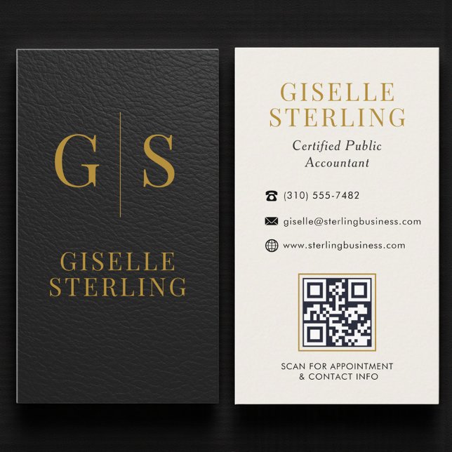 Tarjeta De Visita Accountant CPA Faux Leather Black Gold QR Code (Subido por el creador)