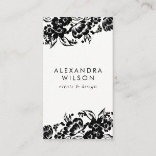 Tarjeta De Visita Acento floral moderno negro y blanco