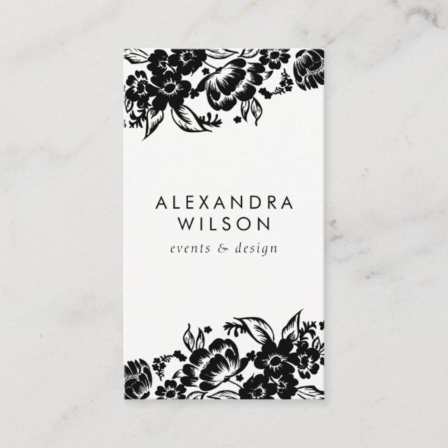 Tarjeta De Visita Acento floral moderno negro y blanco (Anverso)