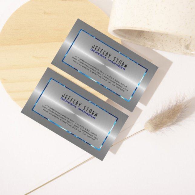Tarjeta De Visita Acentos azules de acero inoxidable gris plateado (Subido por el creador)
