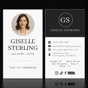 Tarjeta De Visita Actor Modelo Profesional Foto Negro Blanco