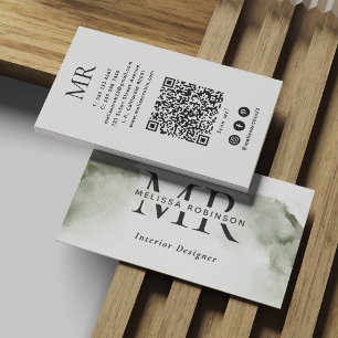 Tarjeta De Visita Acuarela abstracta verde con monograma y código QR