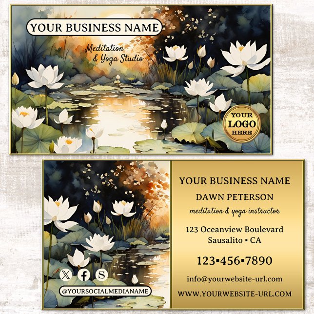 Tarjeta De Visita Acuarela artificial Lotus Meditación Yoga (Meditation yoga business card featuring watercolor lotus flowers with gold - logo - social media)