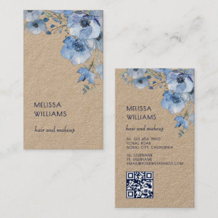 Tarjeta De Visita Acuarela Azul Floral Código Qr Rústico