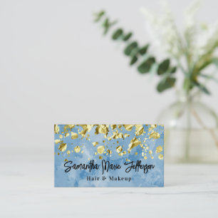 Tarjeta De Visita Acuarela Azul Gotitas Doradas Cabello Uñas Maquill