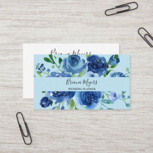 Tarjeta De Visita Acuarela azul marina, escritura floral moderna