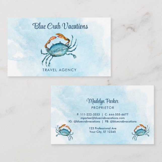 Tarjeta De Visita Acuarela Blue Crab Coastal Profesional (Anverso / Reverso)