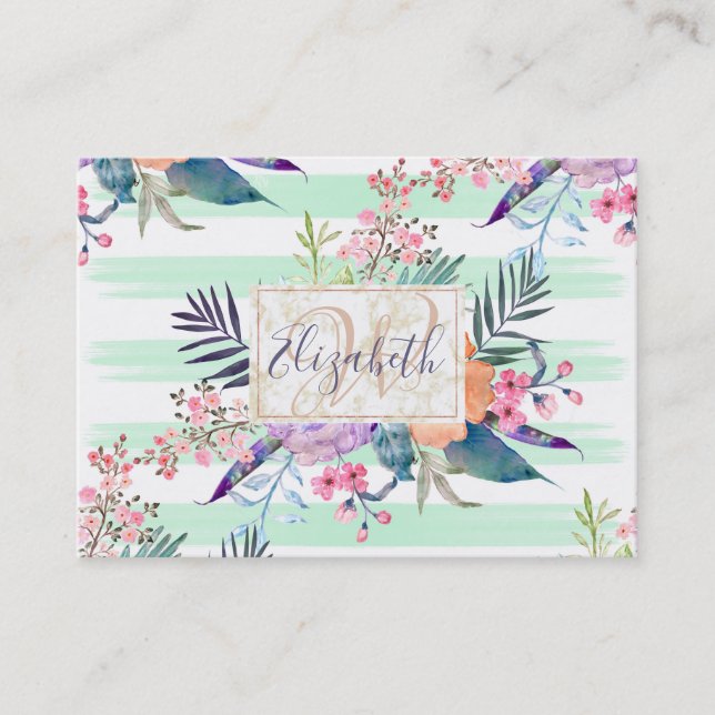 Tarjeta De Visita Acuarela Boho floral, hojas, rayas de pintura a ma (Anverso)