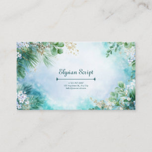 Tarjeta De Visita Acuarela Botánica Floral Dorada Turquesa