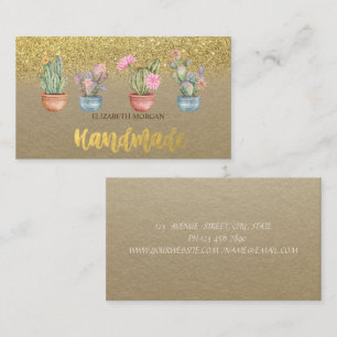 Tarjeta De Visita Acuarela Cactus Glitter Dorado Kraft