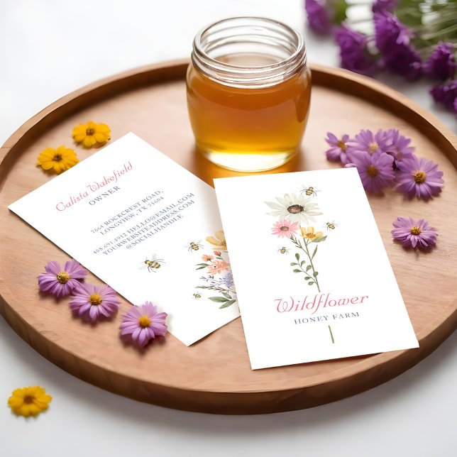 Tarjeta De Visita Acuarela de Abeja de miel Flores salvajes Granja d (Honey Bee Watercolor Wildflowers Honey Farm Business Card Front & Back)