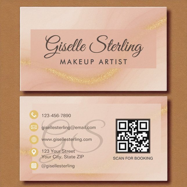 Tarjeta De Visita Acuarela de maquillaje Monograma de oro Código QR (Subido por el creador)