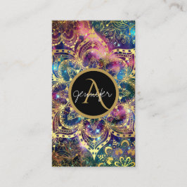 Tarjeta De Visita Acuarela dorada y mandala floral nebulosa