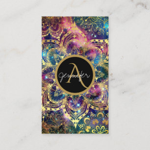 Tarjeta De Visita Acuarela dorada y mandala floral nebulosa