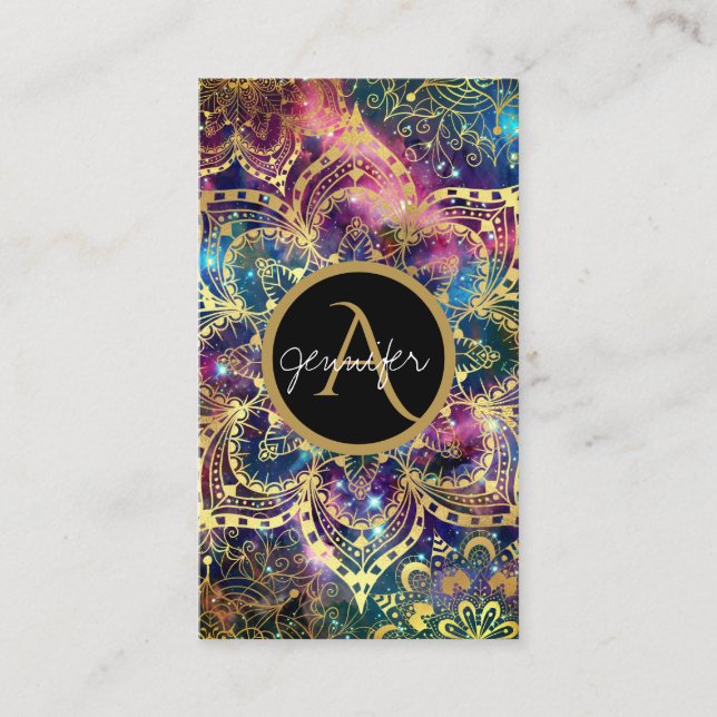 Tarjeta De Visita Acuarela dorada y mandala floral nebulosa (Anverso)