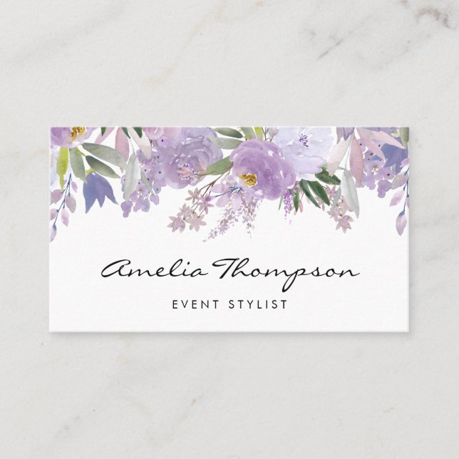 Tarjeta De Visita Acuarela Dusty Purple Floral Garland Script (Anverso)