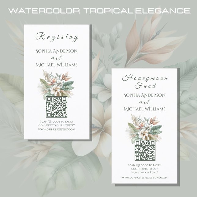 Tarjeta De Visita Acuarela Elegancia Tropical -Registro-Luna de Miel (Watercolor Tropical Elegance Wedding Collection-Registry and Honeymoon Fund-Green and Peach)