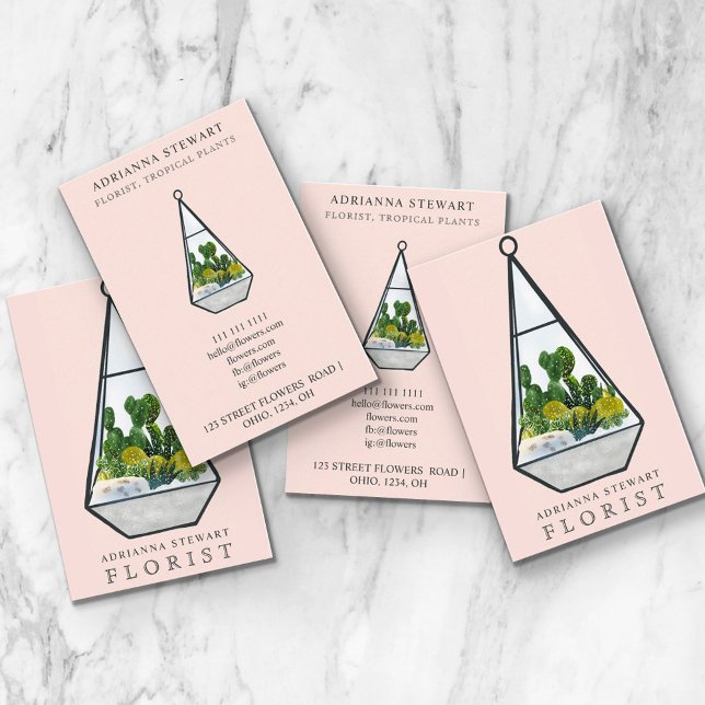 Tarjeta De Visita Acuarela floral cactus terrario florista rosa (Subido por el creador)