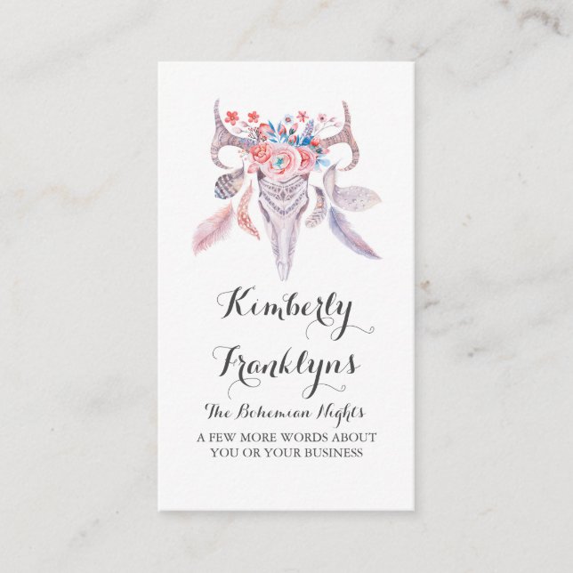 Tarjeta De Visita acuarela floral del boho del cráneo (Anverso)