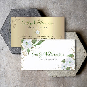 Tarjeta De Visita Acuarela Floral Dorado Blanco Moderno Letra Estilo