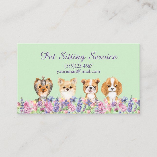 Tarjeta De Visita Acuarela Floral Perro Mascota Sitting Grooming Ser (Anverso)