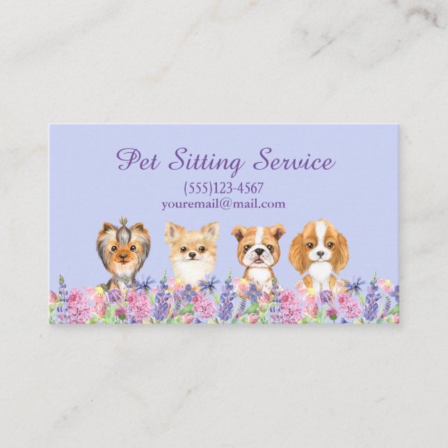 Tarjeta De Visita Acuarela Floral Perro Mascota Sitting Grooming Ser (Anverso)