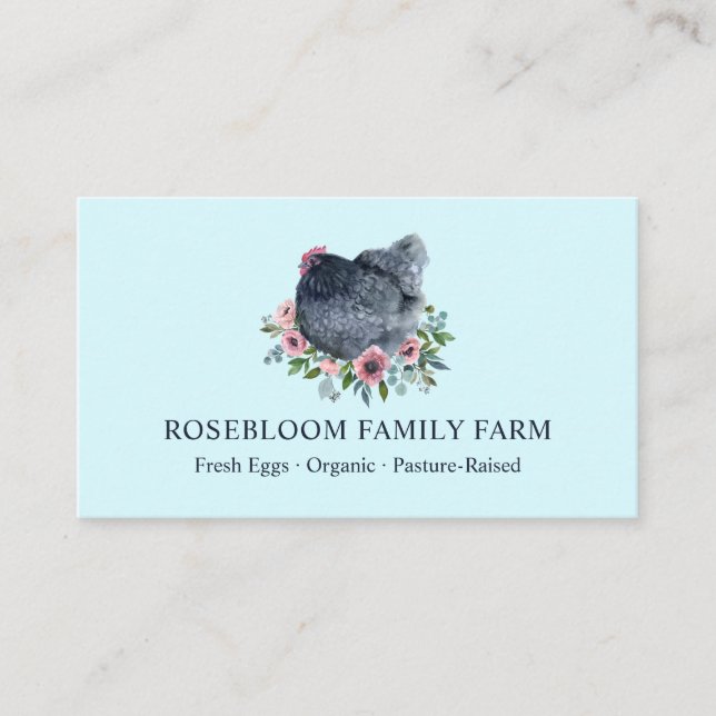 Tarjeta De Visita Acuarela Floral Pollo Hen Granja Huevos frescos Az (Anverso)