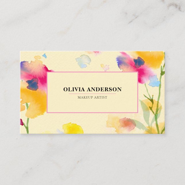 Tarjeta De Visita Acuarela Floral Rosa Amarillo Azul Amarillo Resume (Anverso)