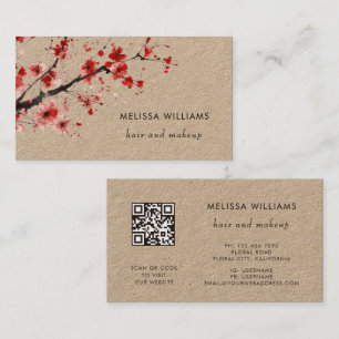 Tarjeta De Visita Acuarela Flores de Cerezo Rojas Papel Kraft