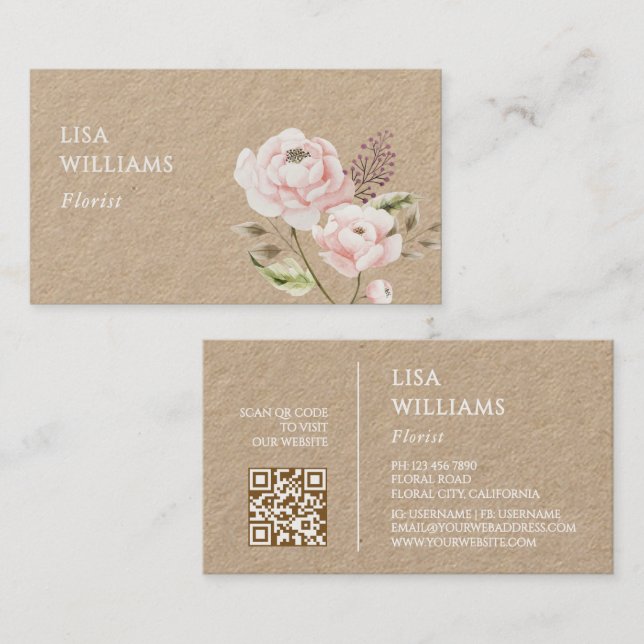 Tarjeta De Visita Acuarela Flores Silvestres Kraft (Anverso / Reverso)