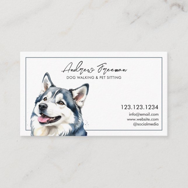 Tarjeta De Visita Acuarela Gris Husky Dog Walking (Anverso)
