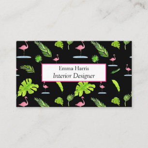 Tarjeta De Visita Acuarela Hojas Tropicales & Flamencos