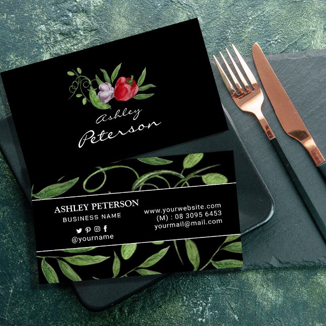 Tarjeta De Visita Acuarela Huerto saludable (Watercolor Peas Healthy Square Business Card #foodbusinesscard #chef #vegetables #dark#zazzlemade)