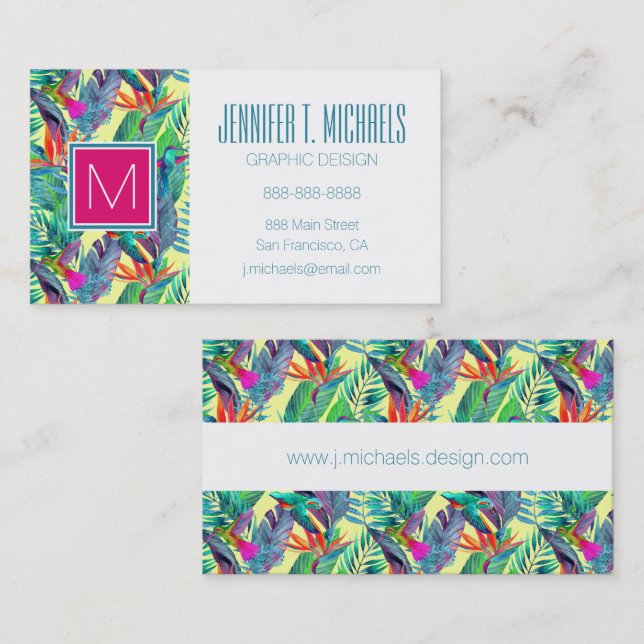 Tarjeta De Visita Acuarela Humminbirds en el monograma de la selva (Anverso / Reverso)