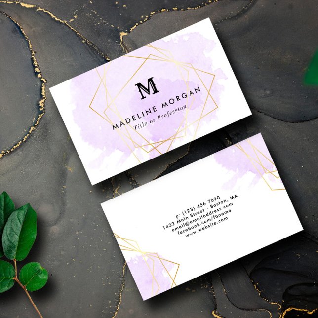 Tarjeta De Visita Acuarela Lavender Faux Gold Geométrico Monograma (Subido por el creador)
