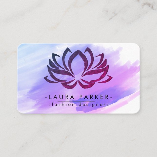Tarjeta De Visita Acuarela Lotus Flor Rosa Morado Splatte Yoga (Anverso)