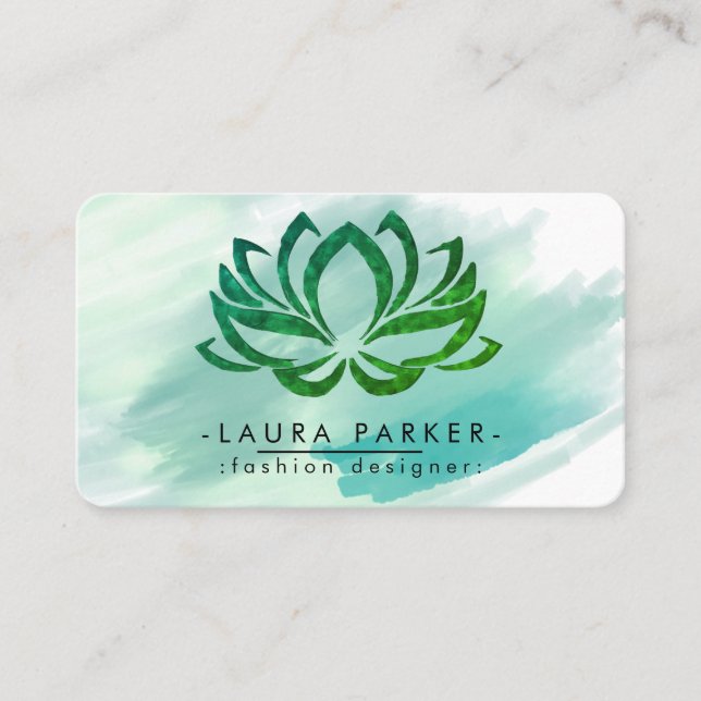 Tarjeta De Visita Acuarela Lotus Flor Verde Splatte Verde azulado Yo (Anverso)