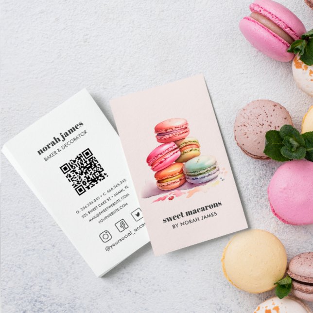 Tarjeta De Visita Acuarela Macarons Sweet Cake Social Icon QR CODE (Watercolor french macarons business card for bakery shop, home baked food and delivery, with qr code)