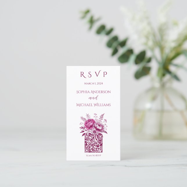 Tarjeta De Visita Acuarela Magenta Peony-RSVP-QR código- (Anverso de pie)