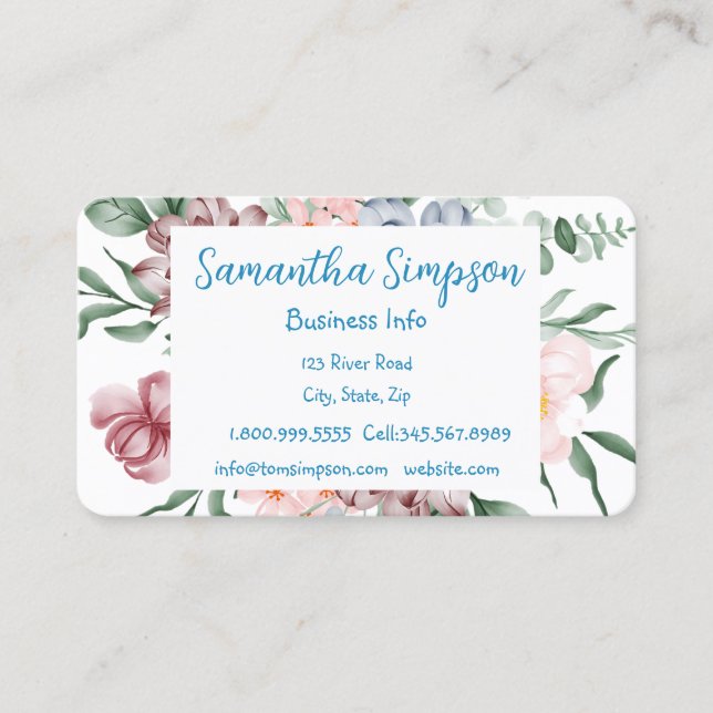 Tarjeta De Visita Acuarela moderna profesional elegante flores bu (Anverso)