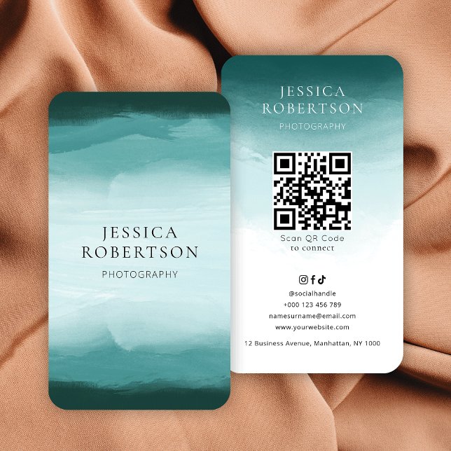 Tarjeta De Visita Acuarela moderna Verde azulada medios sociales Cód (Scannable QR code business cards with turquoise watercolor background)