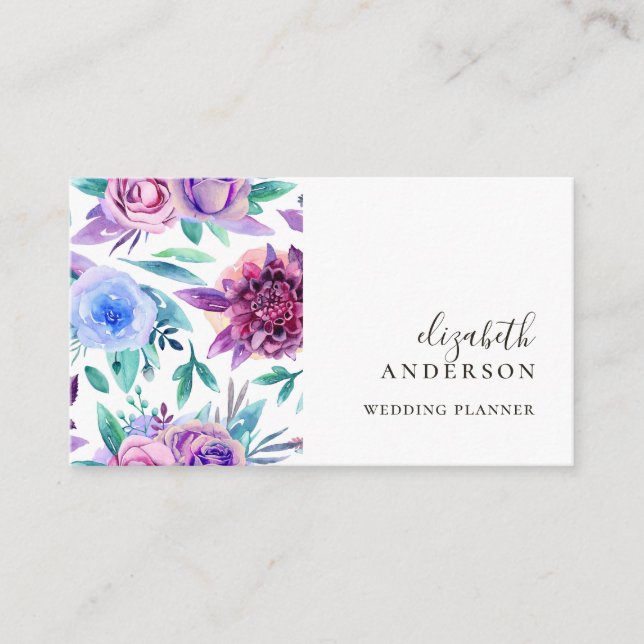 Tarjeta De Visita Acuarela morado y azul floral profesional (Anverso)