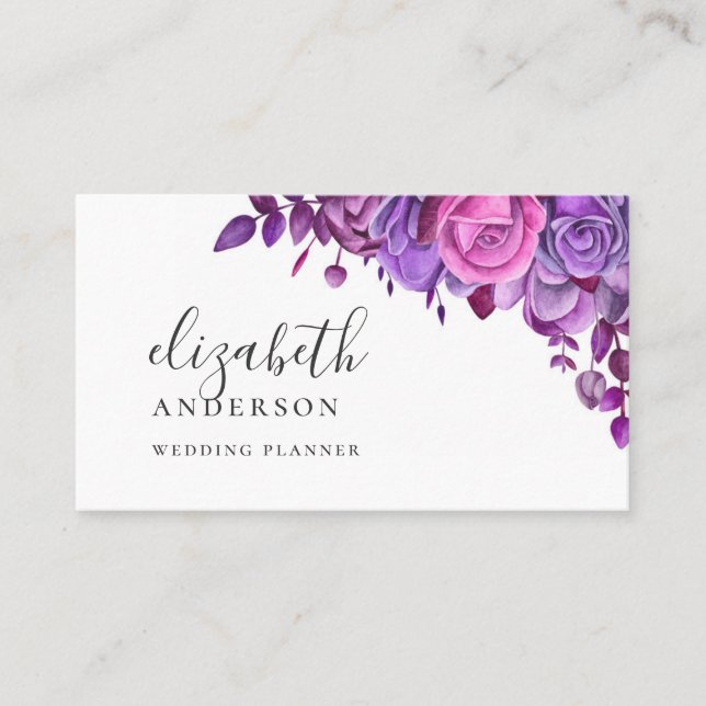 Tarjeta De Visita Acuarela morado y rosa floral profesional (Anverso)
