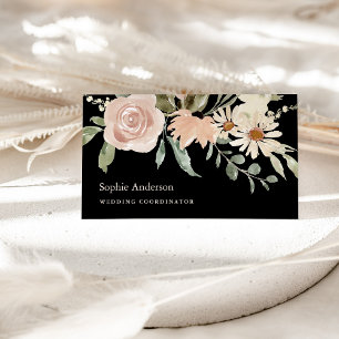 Tarjeta De Visita Acuarela Neutral Floral Botánica sobre Negro