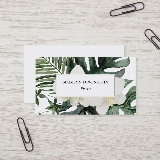 Tarjeta De Visita Acuarela Orquídeas Tropicales Vegetación Monstera  (Anverso/Reverso In Situ)